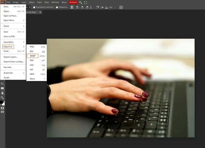 exporting a photo as webp in photopea