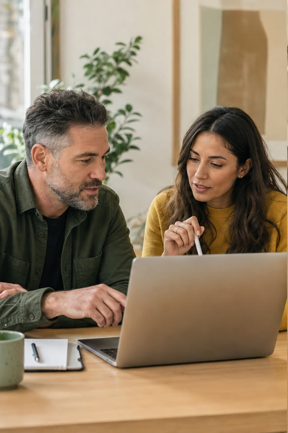 A service business owner and marketing strategist reviewing search performance together