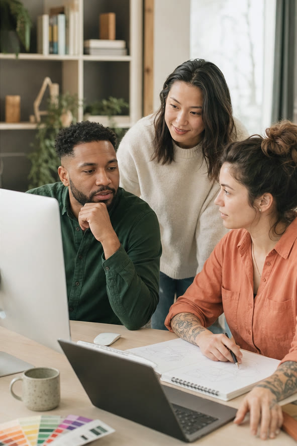 A small web design team reviewing a website together