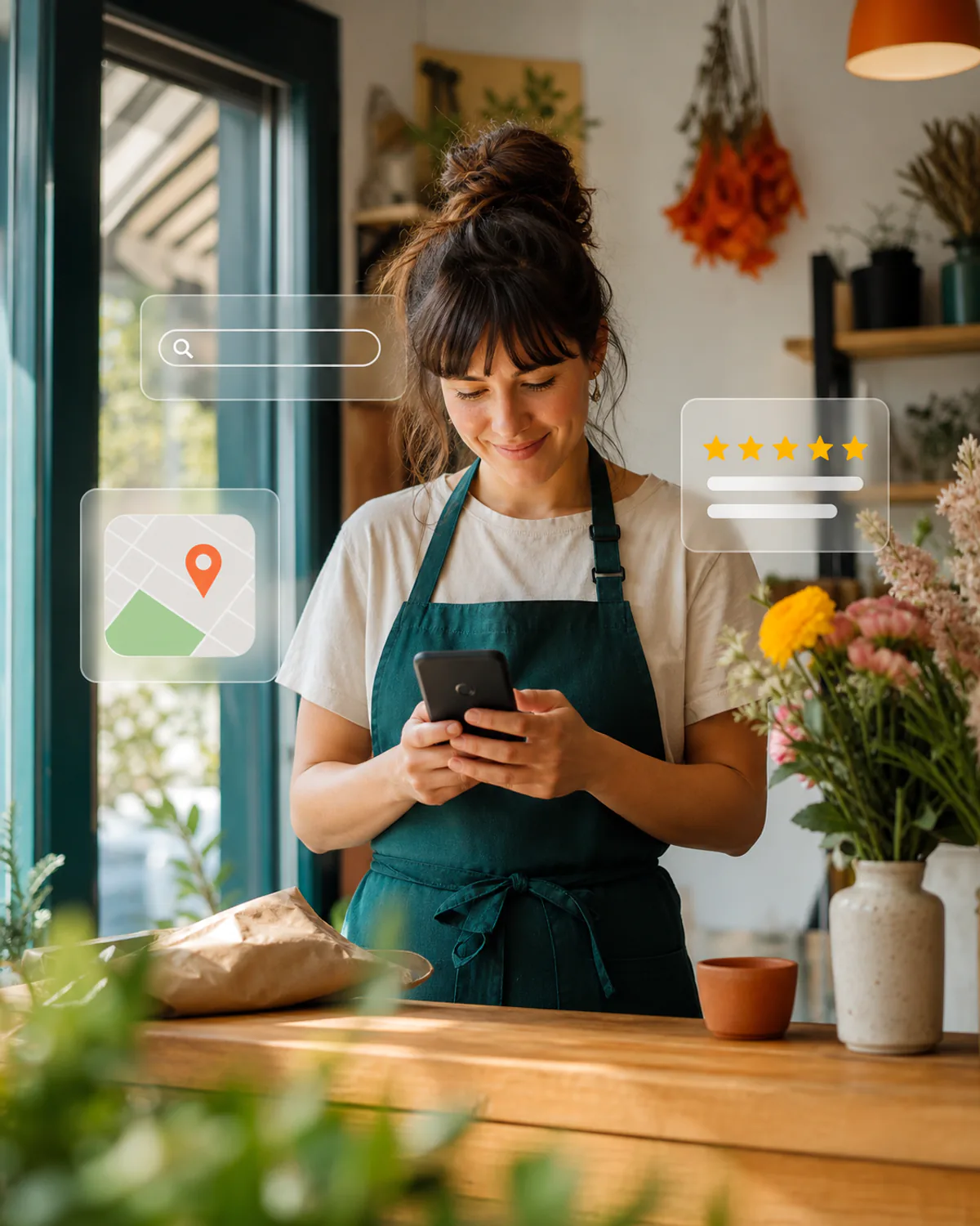 A local business owner being found on her phone